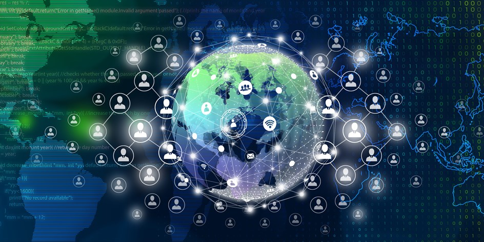 Image of earth with silhouettes of employees connected in orbit around it.
