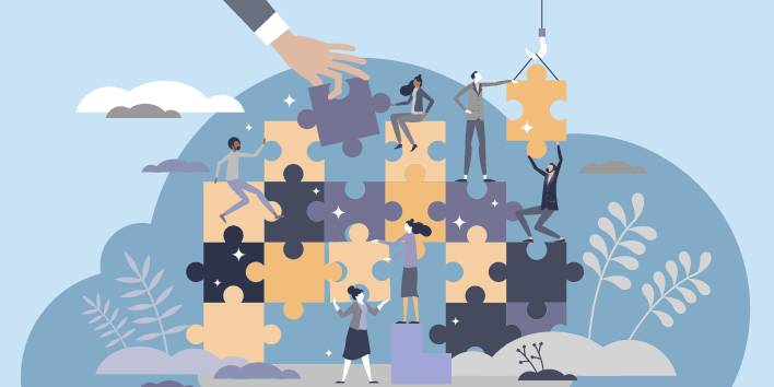 Illustration of stock plan admin team putting together puzzle of plan management